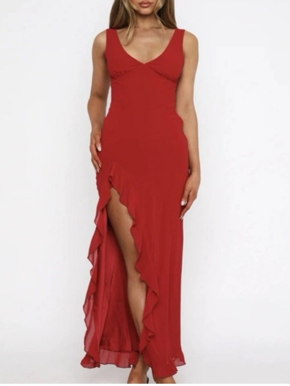 White Fox Boutique Red Wine Ruffle Maxi Dress